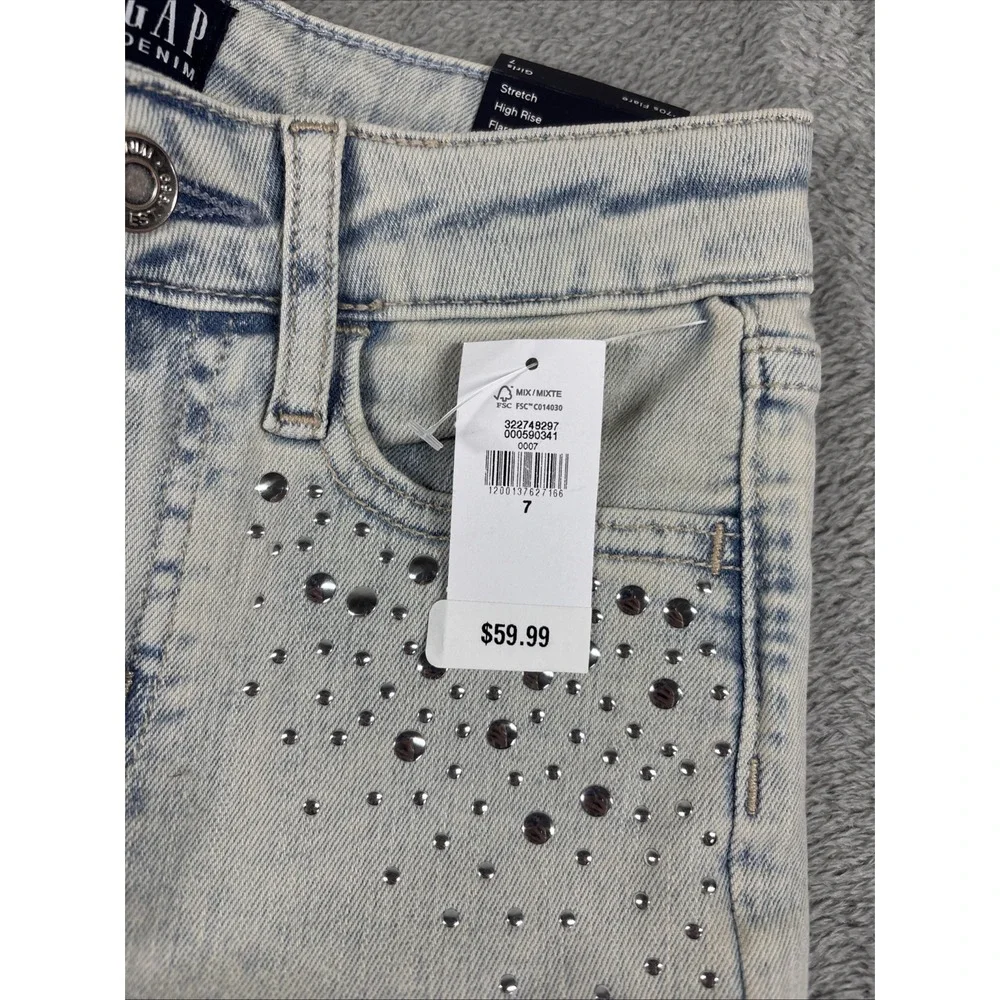 GAP Denim Girls' 70's Flare Stretch‎ Adjustable Waist Studded Jeans Light 7 NWT